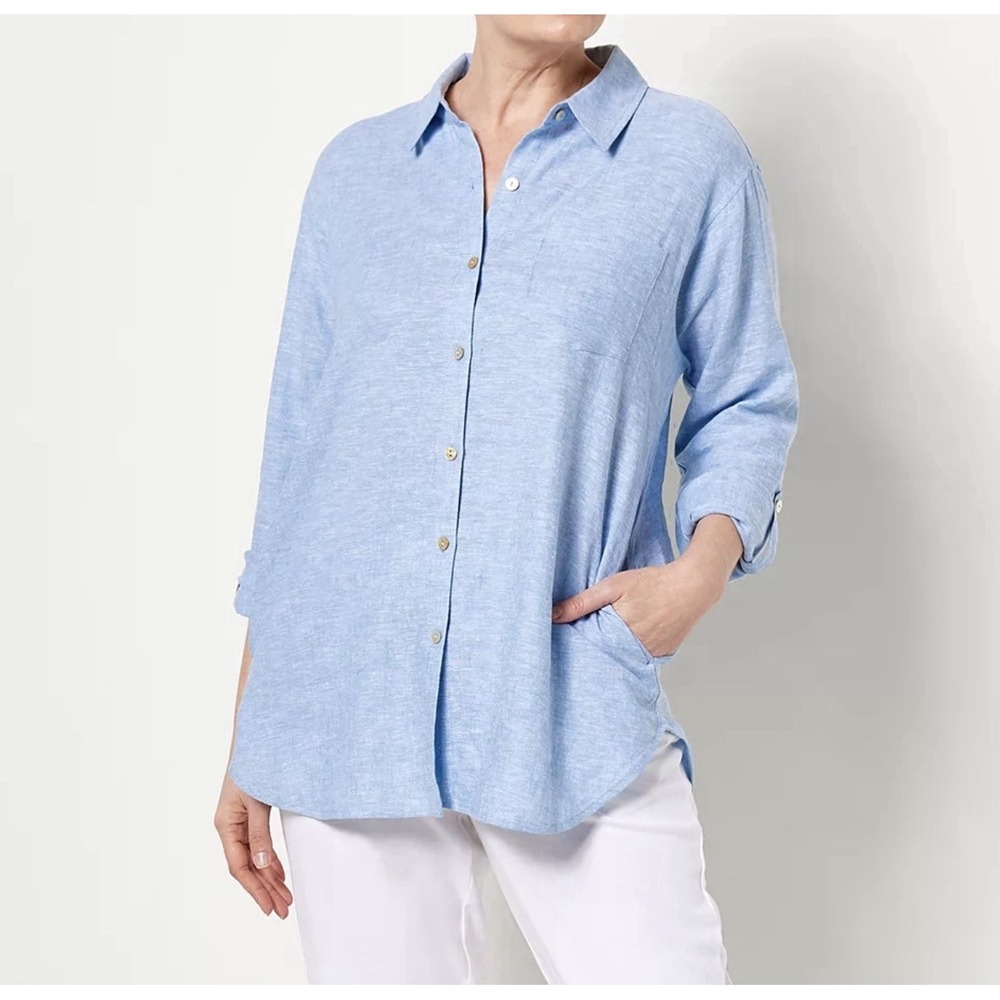 Susan Graver‎ Linen Rayon Blend Tunic Roll Tab Sleeves Pockets 1X Minimalist